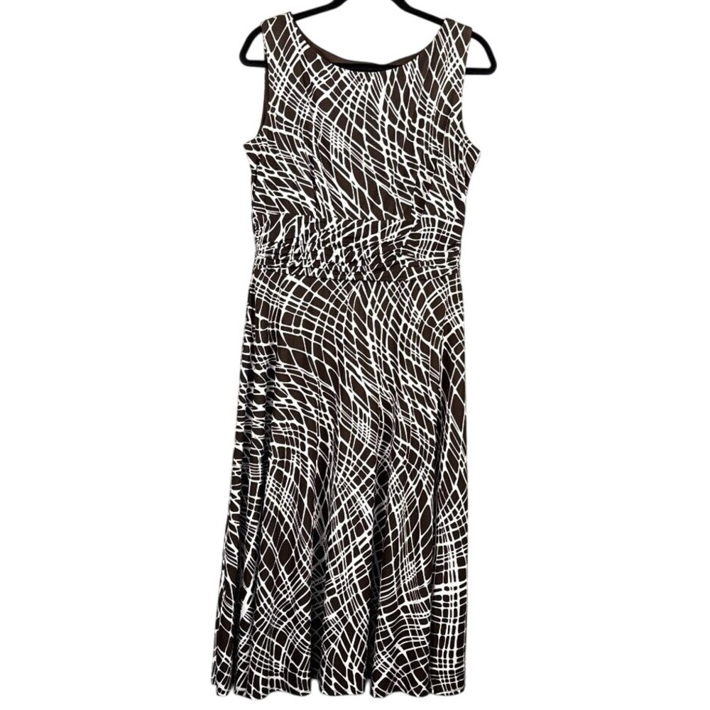 Perceptions Women's Sleeveless Brown &‎ White Geometric Print Midi Dress Size14